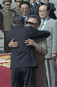 A very long time ago: PRC Premier Wen Jiabao hugs Kim Jong Il in Pyogyang in October 2009 a few months after the second nuclear test, prior to offering Kim a massive aid package.