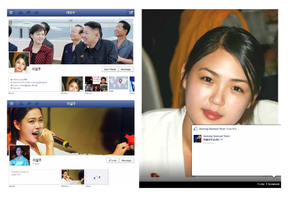 Most of the fake Facebook profiles for Ri Sol-ju include her residence as Pyongyang and set her relationship status as married (top left). Information on the fan pages is a little more sparse, designates her as a “fictional character” (bottom left) or “political figure.” The comment on her profile photo, taken from a visit to the 2005 Asian Games in Incheon (right) says, “Beautiful!”