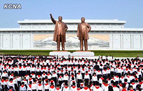 Korean Children's Union delegates made the obligatory trek to Mansu Hill in Pyongyang at the 2012 rally | Source: KCNA
